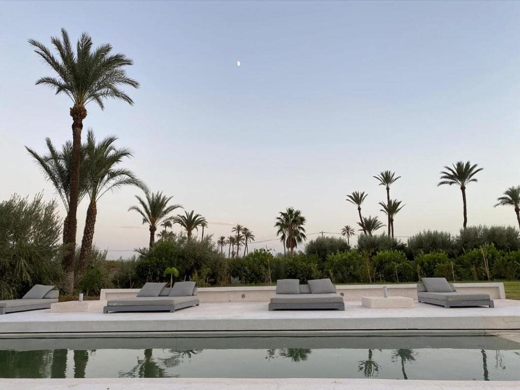 La piscine et les palmiers à la tombée du jour