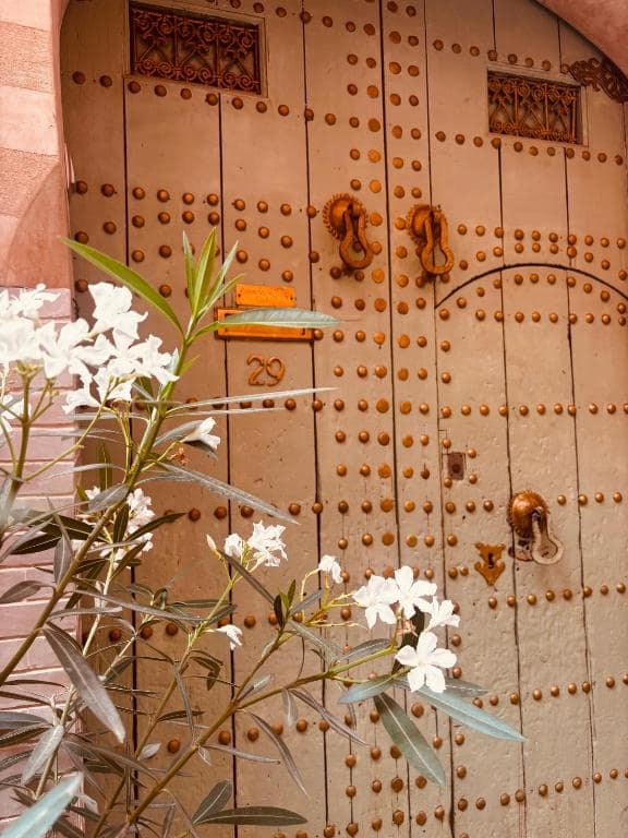 La porte cloutée du derb, le numéro 29 et un laurier-rose