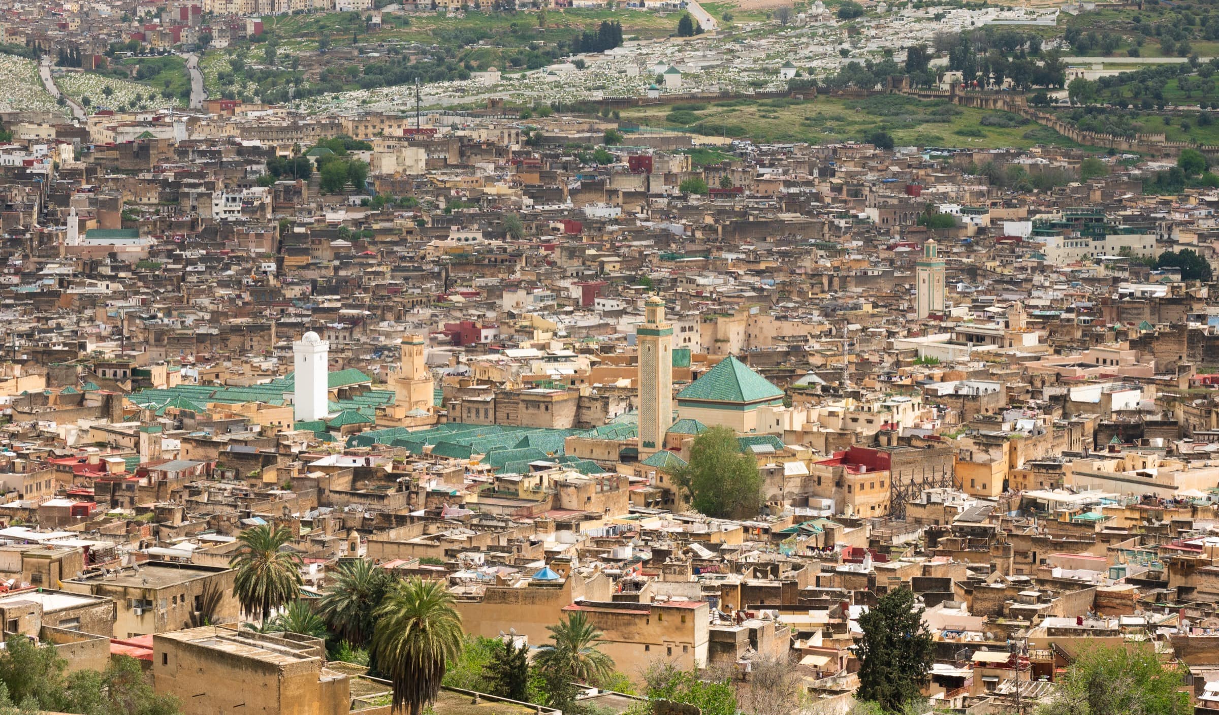 Panorama de la médina de Fès depuis les tombeaux mérinides, toits agglomérés et minarets