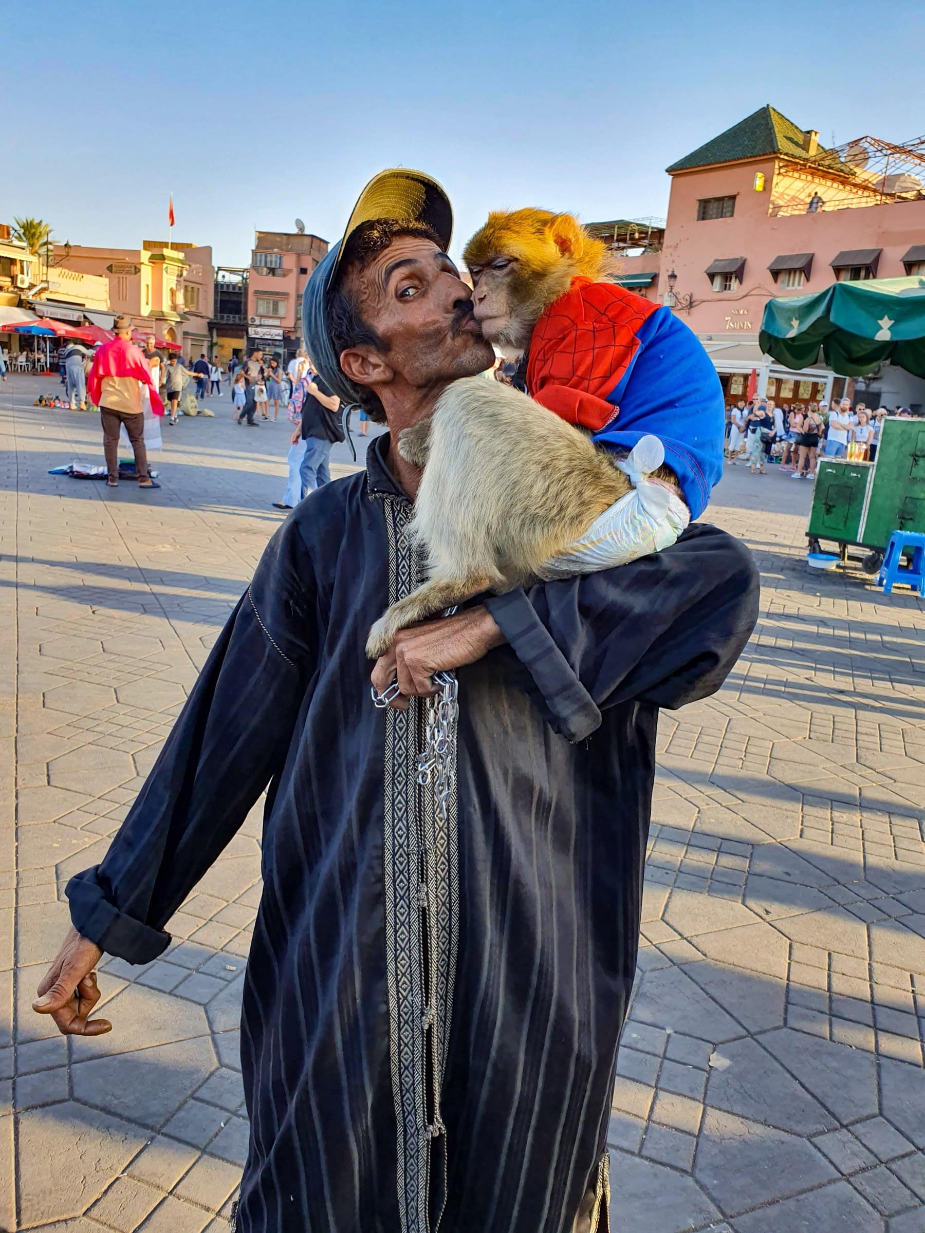 Macaque de Barbarie enchaîné à un dresseur sur la place Jemaa el-Fna à Marrakech