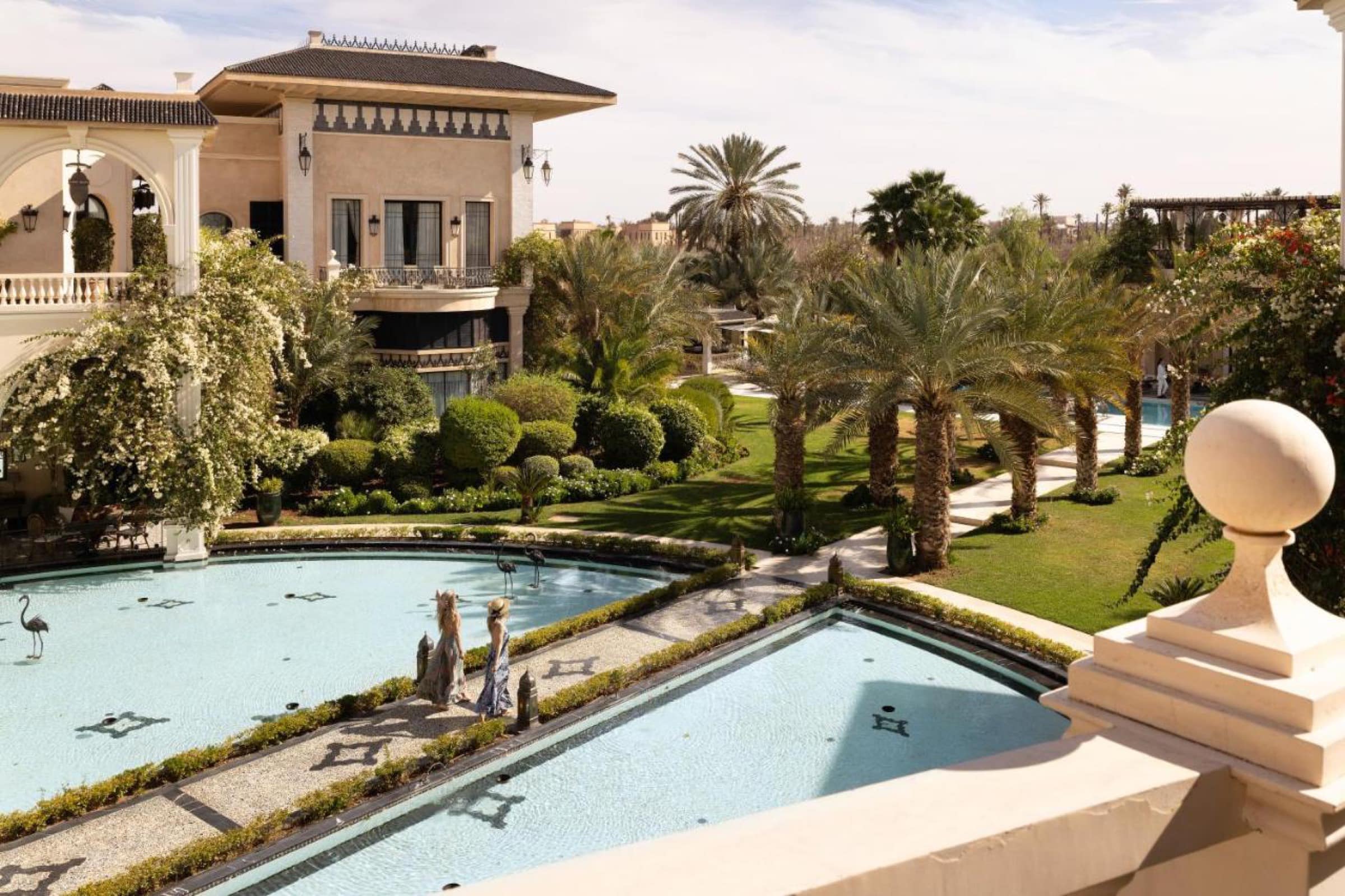 Le jardin, ses bassins miroirs et ses palmiers