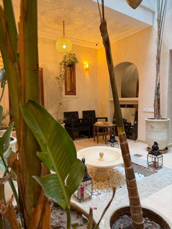 Le patio à fontaine, fauteuils et grand vase de terre cuite